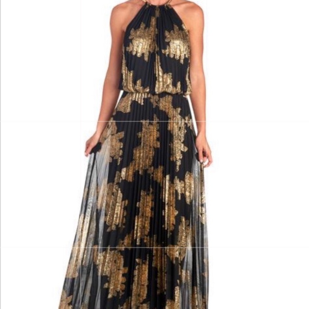 Long black and gold pleated maxi evening dress